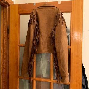 XS Fringe Faux Suede Jacket - Brown